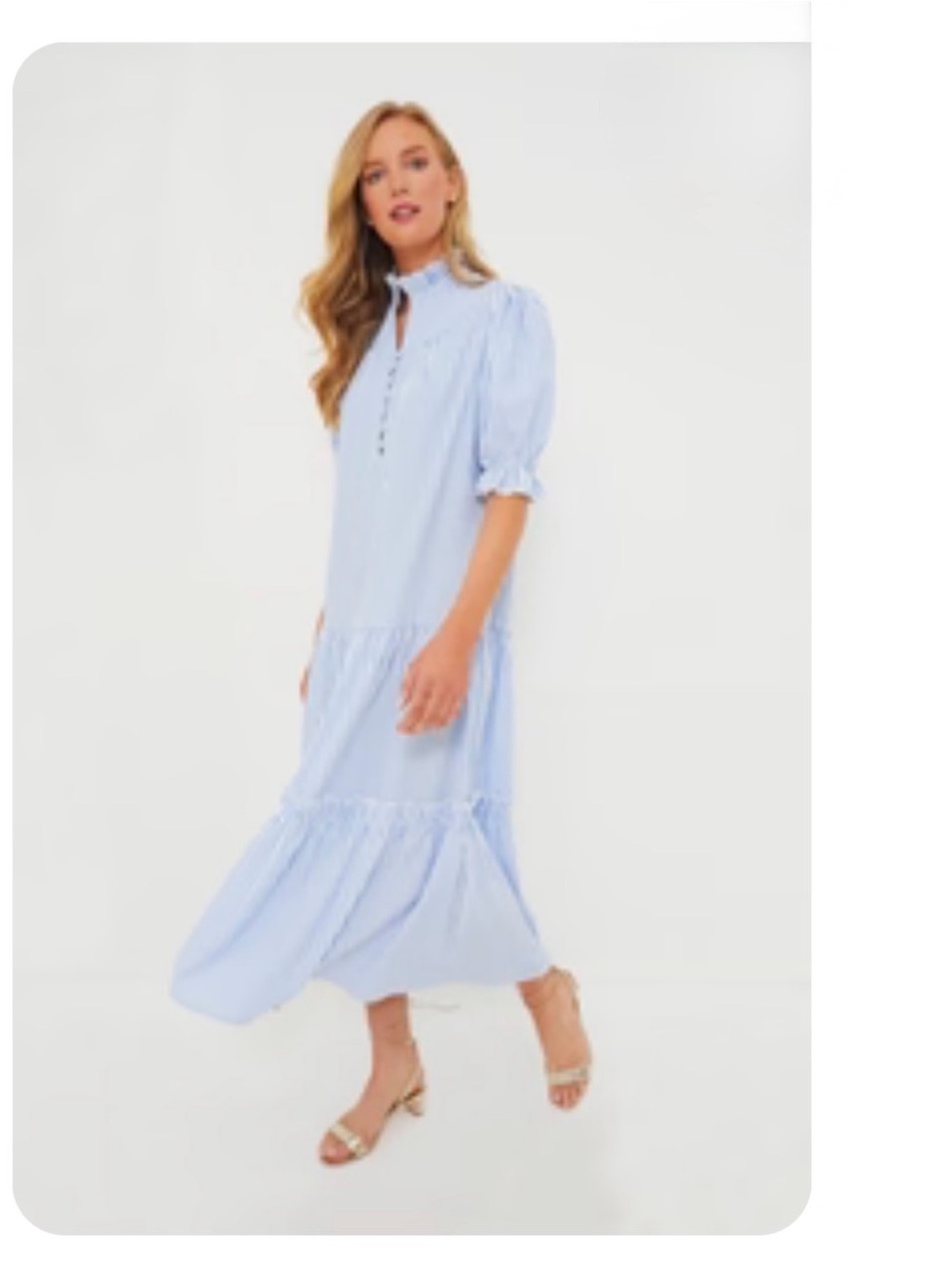 Pomander Place Blue & White Striped Ruffled Collar Midi Dress Tuckernuck